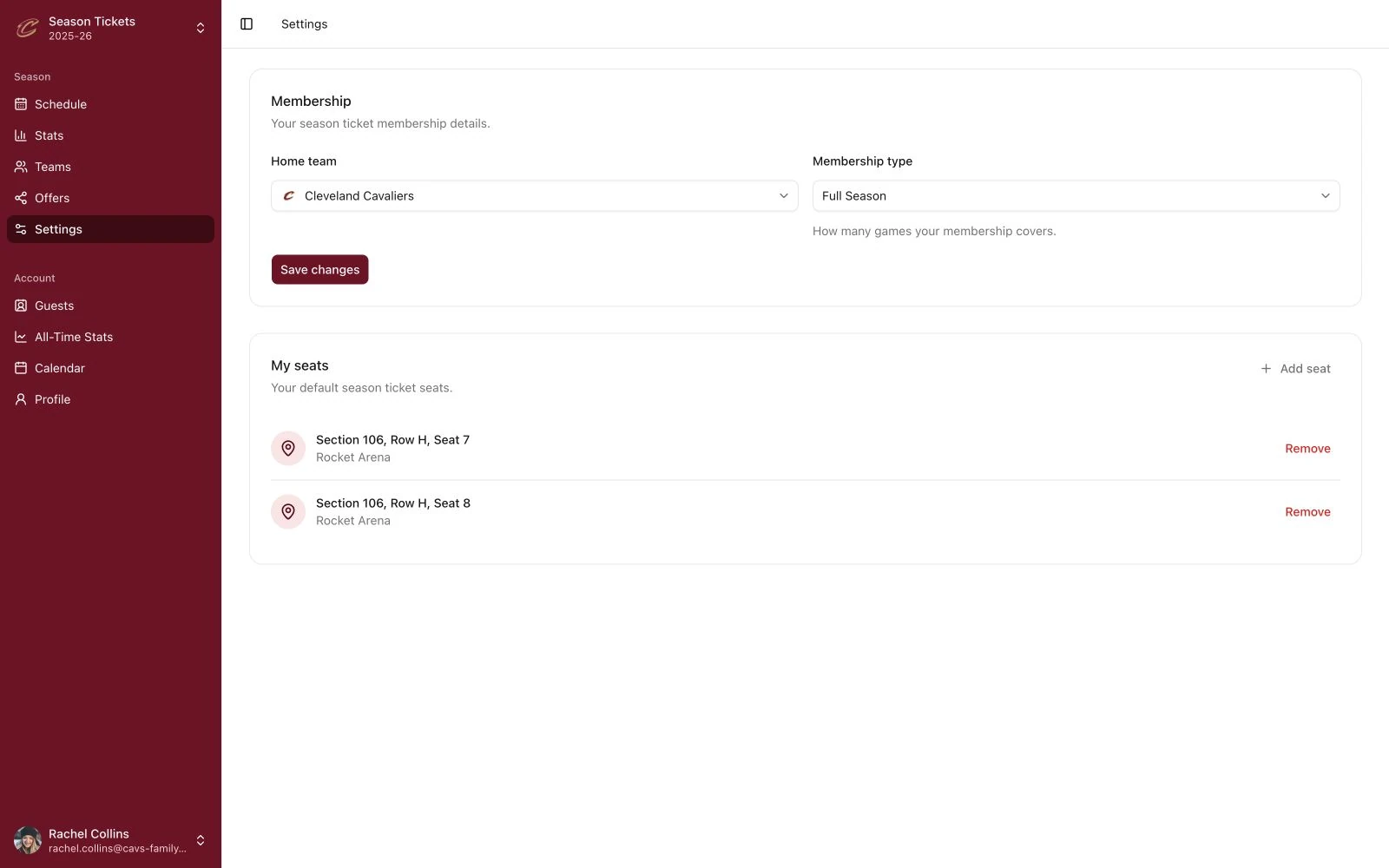 Cleveland Cavaliers membership and seat details at their home arena.