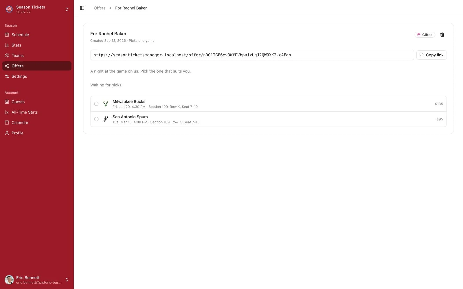 Detroit Pistons gift offer with two games for a guest to choose from.